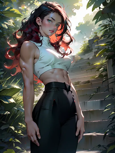 ((Best quality)), ((masterpiece)), ((realistic)), ((beautiful female martial artist)), (milf:1.3), (arrogant woman:1.4) standing tall, her slender form glistening in the golden rays of a summer sunrise. Her eyes, a captivating shade of emerald, pierce thro...