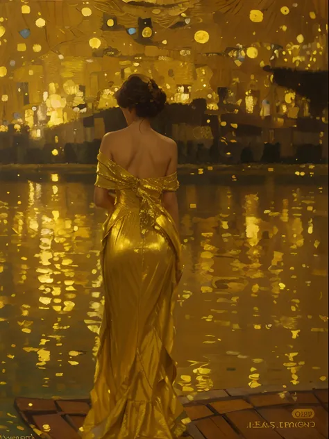 masterpieces, Golden sea, oil painting, noble woman, shiny dress, sparkling sea, dots, painting of a woman in a yellow dress looking out over a lake, draped in gold, inspired by Nikolai Ge, Gustav Klimt 4K, Gustav Klimt 4k, golden glow, Gustav Klimt 8k, Gu...