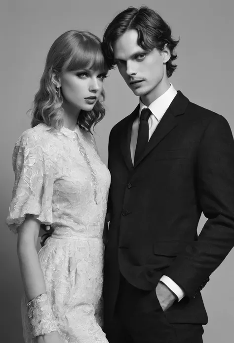 Matthew gray gubler and Taylor swift as young vintage Hollywood couple. Black and white photos