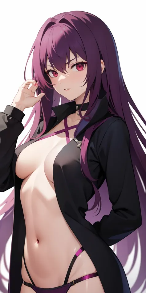 Scathach fate/GO, fate, 1girl, purple hair, long hair, red eyes,