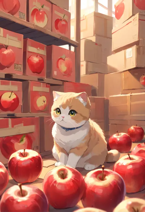 A Scottish Fold cat, Sit among boxes of red apples..