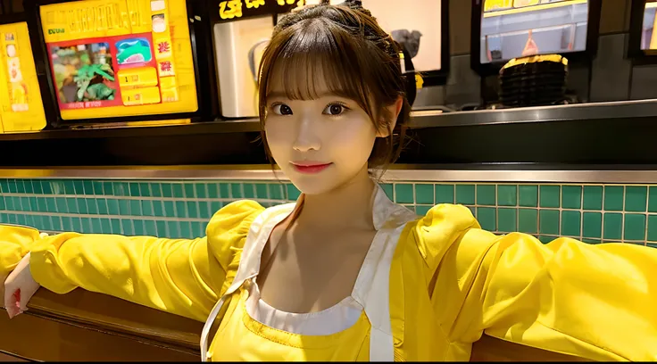 18-year-old waitress in yellow miniskirt