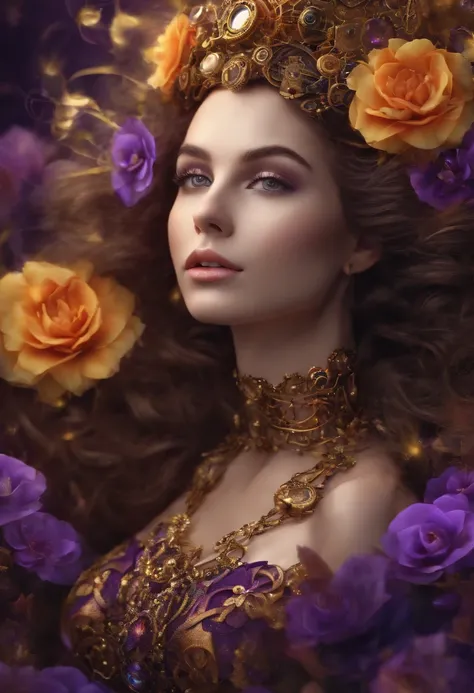 Absurd, high-res, ultra-detail, (1girll:1.3), Steampunk Fantasy Series , optical illusion, Fractal format, Geometric shapes, dynamic, brightly colored, (floral, petals), (purple & gold:1),