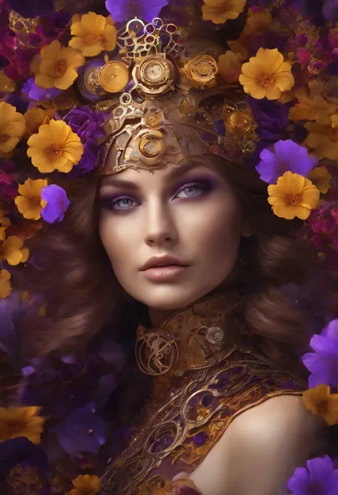 Absurd, high-res, ultra-detail, (1girll:1.3), Steampunk Fantasy Series , optical illusion, Fractal format, Geometric shapes, dynamic, brightly colored, (floral, petals), (purple & gold:1),