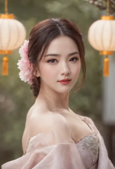 Best Quality, masutepiece,Upper body,(Background:Sonoko),1 girl, Mature Woman, Chinese style, Ancient China, Sister, dancer, dark brown hair, Dark hair, Princess Cut, Fried dough twist blade, coiled hair, Double ball head,coiled hair,Streamers, Light pink ...