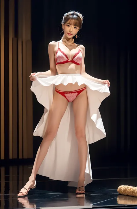 ((top-quality,8K、​masterpiece:1.3))、Crisp focus:1.2、Cute woman with perfect body shape:1、Opera Stage、Red Micro Bikini、with spreading legs、Niō Standing