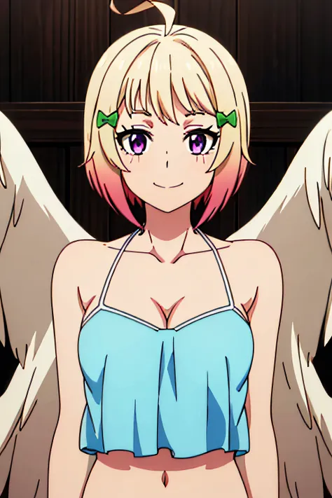 facing viewer, looking at viewer, upper body, smile, 1girl,solo,ahoge,green bow,hair ornament,hair bow,short hair,purple eyes,multicolored hair,gradient hair,pink hair,blonde hair, collarbone,cleavage,midriff,navel,camisole,blue frilled swimsuit,blue bikin...