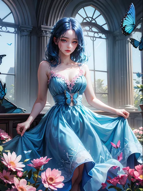 a women, blue butterfly, blue hair, pink eyes, blue dress