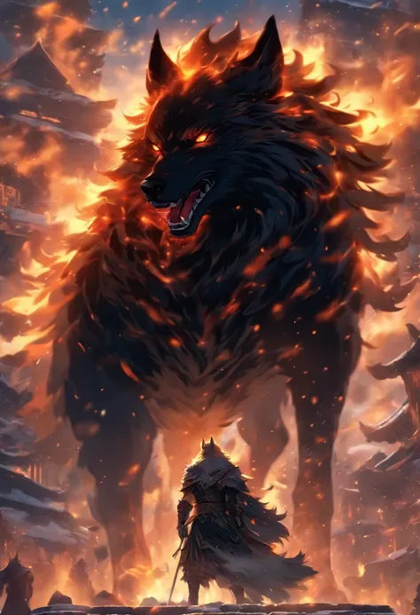 best quality, high resolution, 4K detailed CG, master piece, Fenrir, giant wolf, Ragnarok, wolf, Correntes, olhar de raiva, palace in chamas, , fire, fog, Norse mythology, VIKINGS, beautiful aesthetics, beautiful image, centralized na fabric