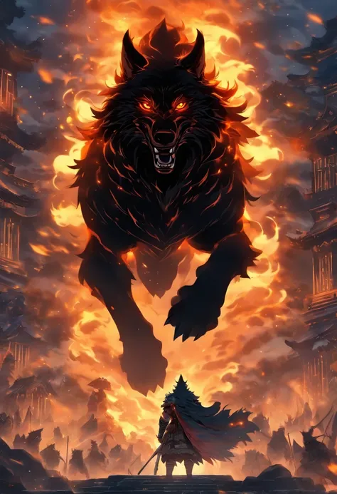 best quality, high resolution, 4K detailed CG, master piece, Fenrir, giant wolf, Ragnarok, wolf, Correntes, olhar de raiva, palace in chamas, , fire, fog, Norse mythology, VIKINGS, beautiful aesthetics, beautiful image, centralized na fabric