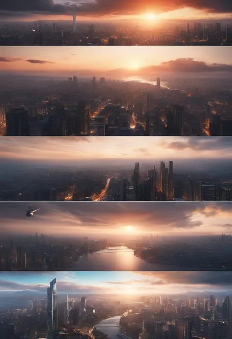 Create a city background, With the building, Vivid, gorgeous skies, style of anime, 插圖, Animation Settings, BAPV, clouds, Bird-eye perspective, Spaceship Flight