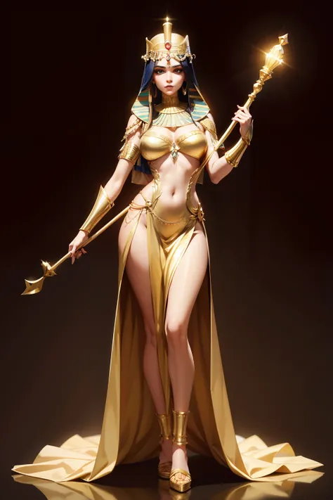 master piece，Egypt, goddess beauty，Full Body Pose，Full Egyptian Dress，Two-Handed Scepter, Dress Details, Full Body Pose，with a proportional body..，Slender legs，face detail，Body parts，8k wallpaper