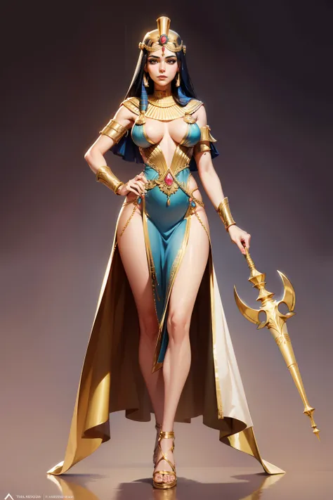 master piece，Egypt, goddess beauty，Full Body Pose，Full Egyptian Dress，Two-Handed Scepter, Dress Details, Full Body Pose，with a proportional body..，Slender legs，face detail，Body parts，8k wallpaper