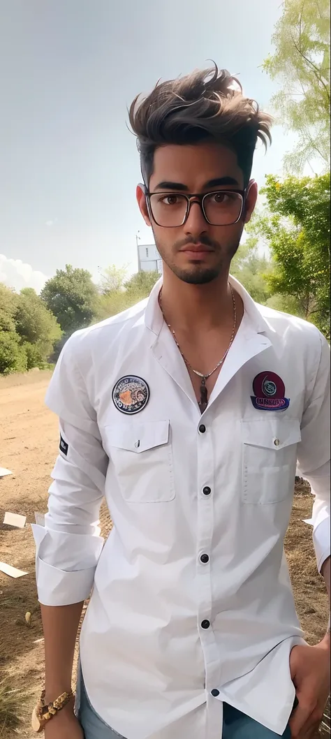 arafed man with glasses and a white shirt standing in a field, wearing in shirt, wearing white shirt, wearing a patch over one eye, with a cool pose, wearing a white button up shirt, wearing a white shirt, mohamed chahin style, with lovely look, wearing a ...