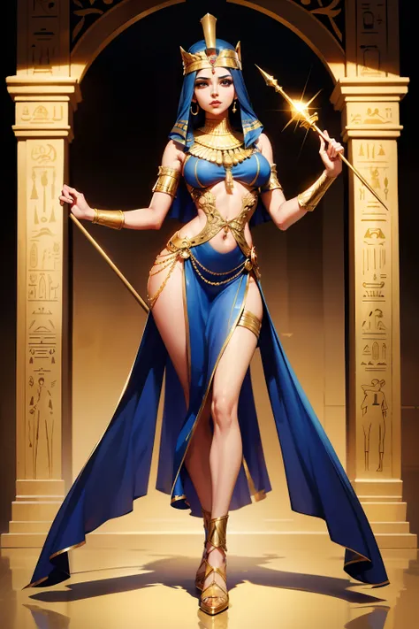 master piece，Egypt, goddess beauty，Full Body Pose，Full Egyptian Dress，Two-Handed Scepter, Dress Details, Full Body Pose，with a proportional body..，Slender legs，face detail，body-parts，8k wallpaper