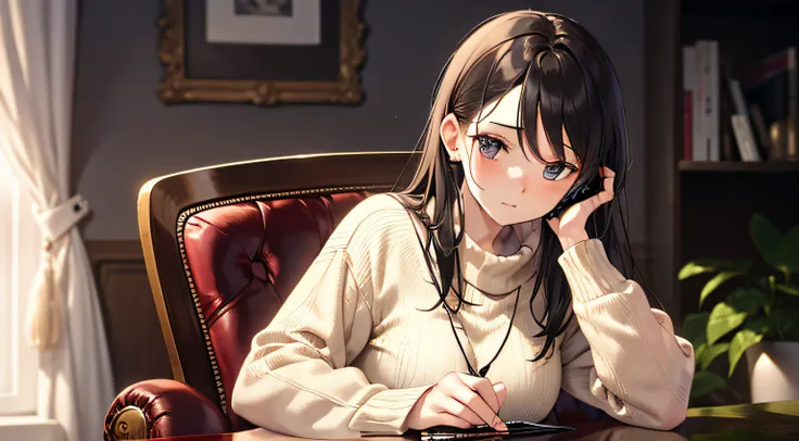 （A 30-year-old woman sits in a room：1.8）（She wears a comfortable sweater，Sit in an upholstered chair：1.7）（She put the phone to her ear，Have a conversation：1.8）（The upper part of her body can be seen，Show her expressive gestures：1.6）