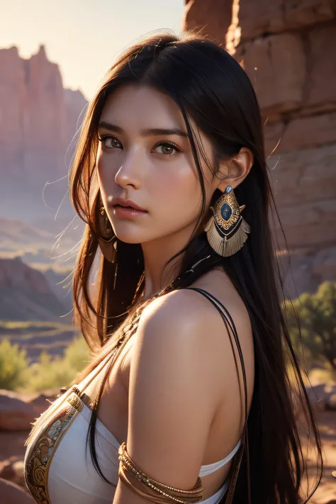 Portrait photo of Marie Avgeropoulas as Pocahontas, Young beautiful Native American woman, Perfect symmetry face, Indigenous Feather Jewelry, Traditional handmade dresses, Armed Female Hunter Warrior, (((Wild west))) environment, Utah Landscape, A hyper-re...