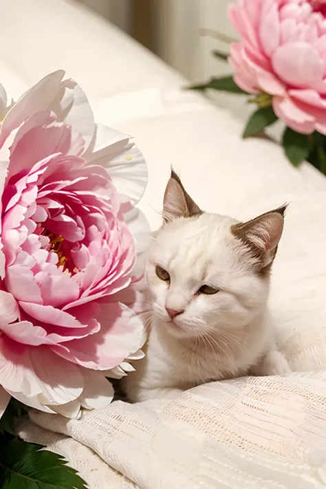 very small cute cat with white feathers sleeping on peony flower pistil