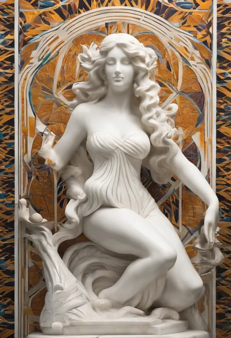 white marble statue,  a mermaid with long hair