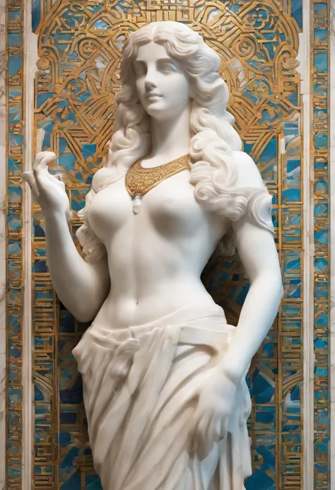 white marble statue,  a mermaid with long hair