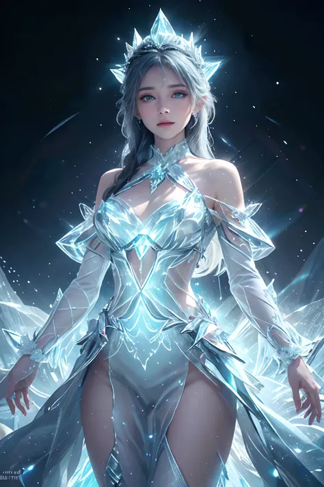 "Masterpiece, best quality, high details, highres, 1 person, divine being, divine magic, Goddess of Ice, standing amidst a frozen wasteland, her presence brings forth eternal winter. Her eyes, the centerpiece, shine with the brilliance of glacial waters, r...