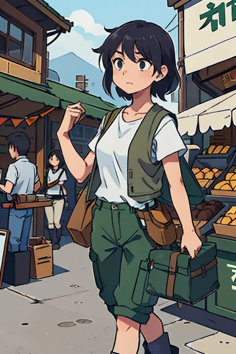 In a bustling market, a girl style, Mikase Ackerman: Early 20s, athletic build shoulder-length dark hair. Wears a green cargo vest, khaki shorts, and sturdy boots. Carries a satchel. Walking looking around