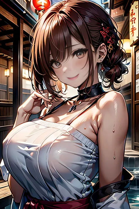 (Hot spring resorts in Japan,Soak shoulder-deep in an open-air bath,)Blushing cheeks、shyly smile、(beautiful a girl)、(short hair of red-brown color、hair pin、poneyTail、Floating hair、)Colossal tits、Blush with embarrassment、Enraptured eyes、A smile that beguile...