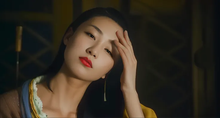 Alafi woman with long hair and red lipstick in a yellow dress, close-up portrait film still, inspired by Min Zhen, inspired by Wang Lü, inspired by Zhang Yin, inspired by Gu Zhengyi, inspired by Wang Meng, Lu Ji, inspired by Jiao Bingzhen, shaxi, inspired ...