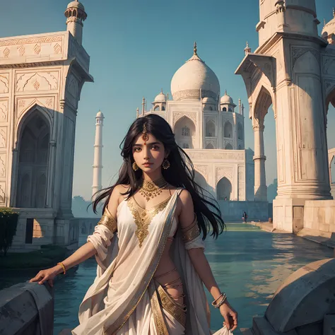 Indian girl In front of taj mahal