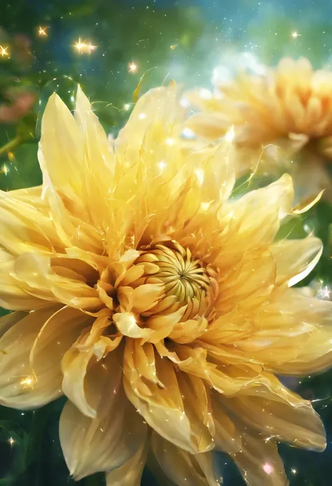 Yellow flowers with stars on the background, glowing delicate flower, giant dahlia flower head, Luminous flowers, Close-up of giant dahlia flower head, photorealistic detailed picture, Beautiful flowers, Draw flowers, Yellow glowing magic, rendered illustr...