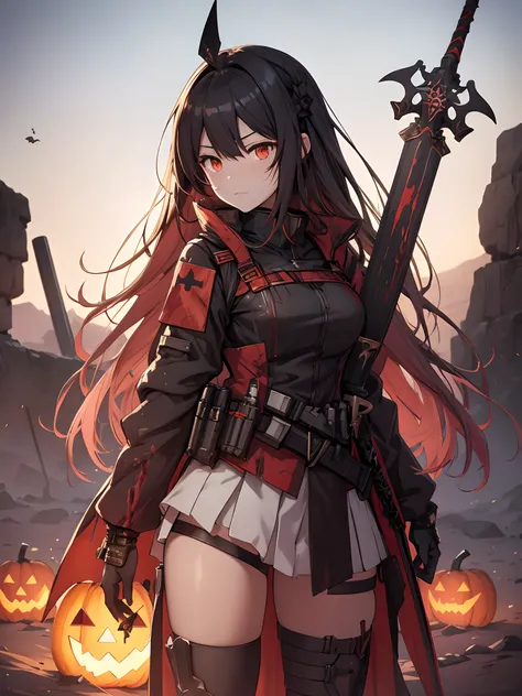 anime girl with sword and sword soaked in blood and in desert with lantern flying in the sky Halloween background, from arknights, from girls frontline, inspired by Li Chevalier, fine details. girls frontline, girls frontline universe, girls frontline cg, ...