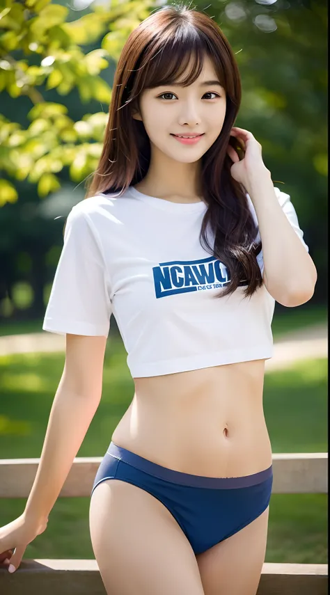 (((The color is dark navy blue only panties)))、((white t-shirts))、((1人))、((Pose cutely))、((a park))、((18 year old beautiful girl))、A slight smil、((Outstanding style))、A sexy、Photorealsitic、Beautiful detailed eyes、Hyper-Realism、highcontrast、Ultra HD、realist...