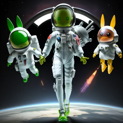 Cartoon alien astronaut with space rocket,shoe，，Transparent helmet，shaggy，adolable，Rocket Lovely 3D rendering, Astronaut,Alien robots,