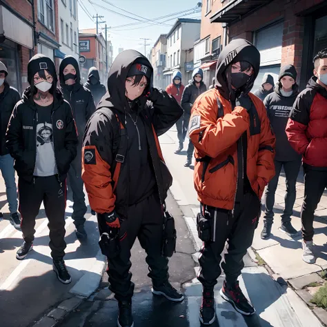 Roadman UK, wearing a ski mask, wearing a drip jacket, realistic, wearing black gloves, surrounded by roadmen, badass poses,6 people,all posing for the camera, shadow,close up of 6 people, summer, daytime, tattoos