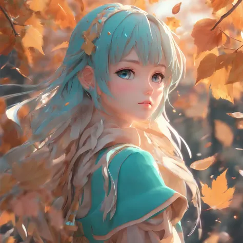 (High Detail:1.2)Anime Girl,(Cinematic Lighting,Delicate Colors),(Falling Leaves:1.2), Calm Lighting, Wind, Fog. Turquoise, delta shades. discord banner