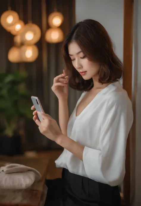 japanes　in her 20s　femele　Holding a smartphone　Shorthair　jersey　inside in room