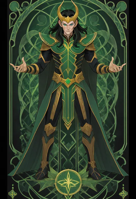 1 loki, from dc comics superheroes, full body standing painting, (((独奏))), clear facial features, simple line design, ((tarot ca...