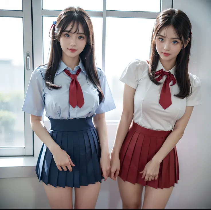 top-quality, 4K picture quality, ​masterpiece, (Professional lighting without shadows), A hyper-realistic, (perfect anatomia), Two girls, (Proudly stand in front of the camera、With a girl showing off a ribbon tie, The other girl on the other side is bendin...