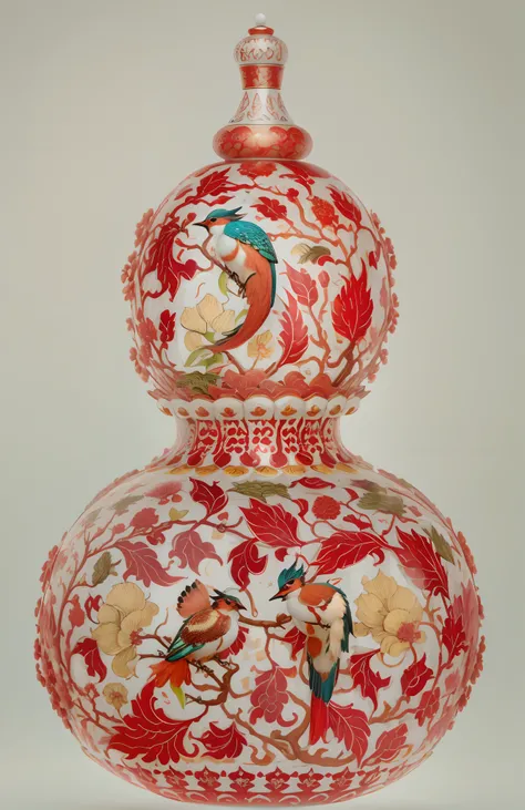 There is a red and white gourd，There are delicate little kingfishers on it, The texture is delicate and delicate，Enamel elements，Bronzing，Gradient，raqib shaw, Decorated with Russian motifs, chinoiserie pattern, inspired by Yun Shouping, Inspired by Wilhelm...