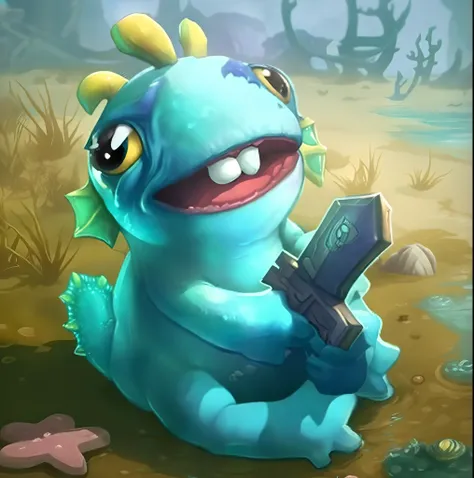 Cartoon illustration of a blue monster with a gun in his hand, murloc tinyfin, wee whelp, serpentine water monster, ocean giant creature bloop, from hearthstone, hearthstone art style, worm monster, ethereal eel, from league of legends, worm round mouth, H...