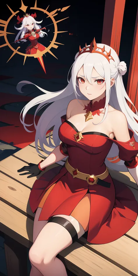 a cartoon picture of a woman in a red dress and a sword, anime goddess, white haired deity, the queen of blades, white horns queen demon, masterpiece goddess of sorrow, venus godness athena, lilith, edelgard fire emblem, castlevania witch, queen of blades,...