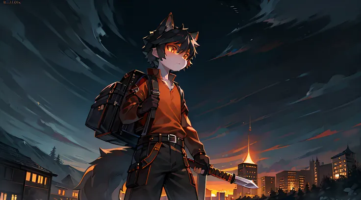 Black Haired Wolf，Orange shirt，Orange pupils，Shota，adolable，Holding a long sword，Outside the city walls，ln the forest，dark stormy clouds，solo person，salama，explorer，backpacks，