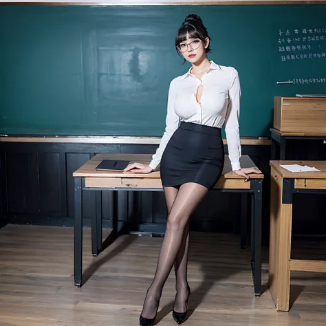 Heavy makeup，8K，mature，ear studs，stiletto，In the classroom，In the daytime，White shirt，Skirt that wraps hips，Flesh-colored pantyhose，Single ball hairstyle，By bangs，black-frame glasses，Facing the lens，blackboards，classroom desk，twogirls，Big breasts teacher，t...