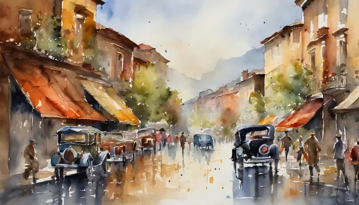 Watercolor painting of the landscape, view over city, (wetfloor:1.5), vehicles, people walking, Buildings