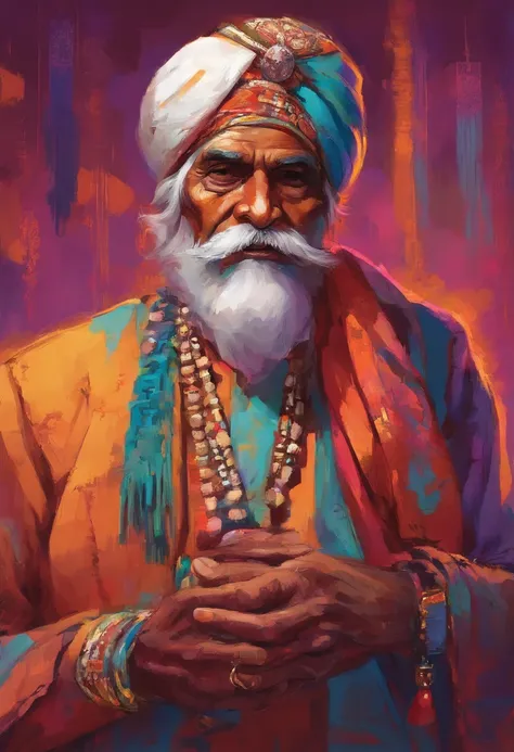 (old indian man:1.1,wearing turban:1.2,white bigger beard:1.1,bigger moustache:1.1,lighting cigar:1.2,in swag,extremely detailed facial hairs,portrait,half body,medium:oil painting,detailed eyes and face,detailed turban,traditional clothing,aged appearance...