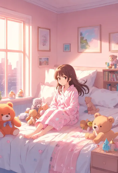 Dressed in cute pajamas、Fluffy 2 year old bed、Pink and pastel colors、dreamy lighting、Around((Cute stuffed animals:1.5))、Pleasant atmosphere、Stars shining on the ceiling、Whimsical clouds on the wall、giggle and blush、Happy and peaceful mood、Glorious dreams、T...