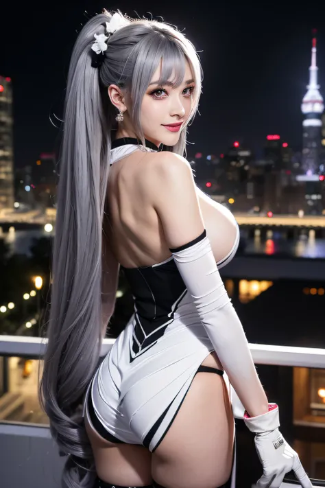 (Realistic painting style:0.9), masutepiece, Best Quality,  absurderes, Looking at Viewer, Solo, bronya zaychik (silverwing n-ex), bronya zaychik, Red pupils, 1girl in, Solo, breasts, Long hair, ((Female Keeper Cosplay)), Black and white costume、Grey Hair,...