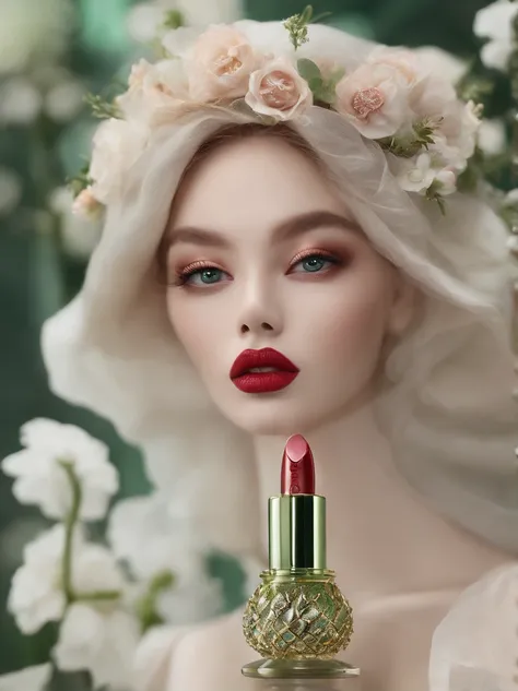 Packaging design, (lipstick packaging), dragon-shaped lipstick, clean background, dreamy colors, transparent sculpture, flowers, big eyes with a serious expression, green color in the eyes, clear eye details, masterpiece, (best quality: 1.3), a dragon-shap...