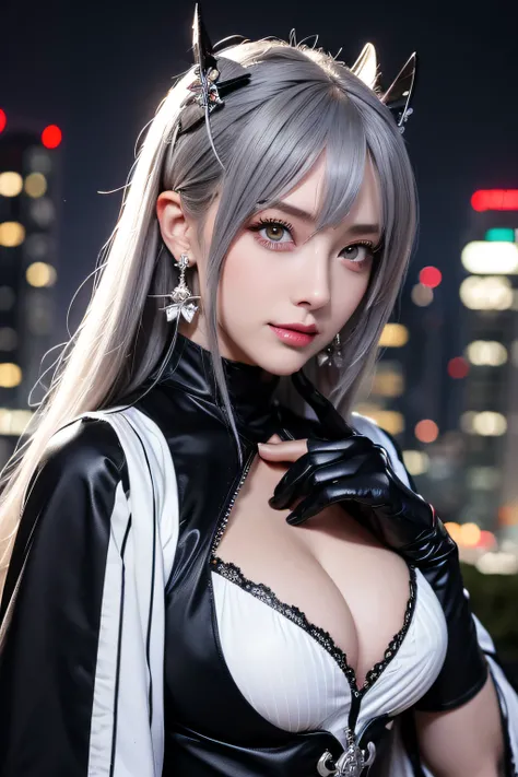 (Realistic painting style:0.9), masutepiece, Best Quality,  absurderes, Looking at Viewer, Solo, bronya zaychik (silverwing n-ex), bronya zaychik, Red pupils, 1girl in, Solo, breasts, Long hair, ((Female Keeper Cosplay)), Black and white costume、Grey Hair,...