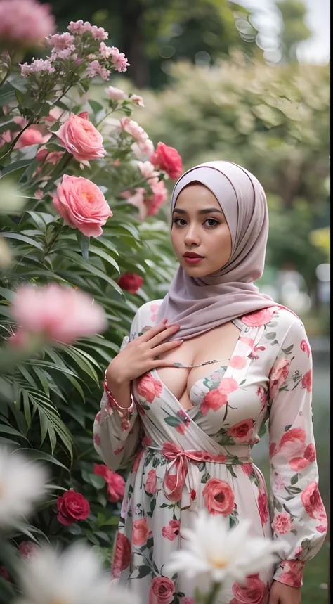 photo of a young bookish malay woman wearing a hijab walking in a flower garden, the woman wearing a pastel floral patterned baj...